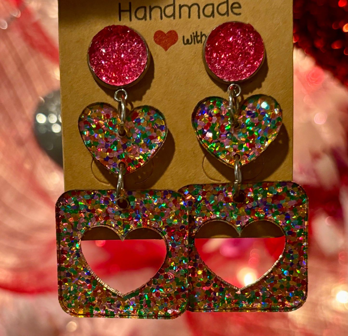 Valentine's Day Confetti Glitter Earrings, Valentine Statement Earrings, Handmade earrings, Valentine's Day Gifts for Her