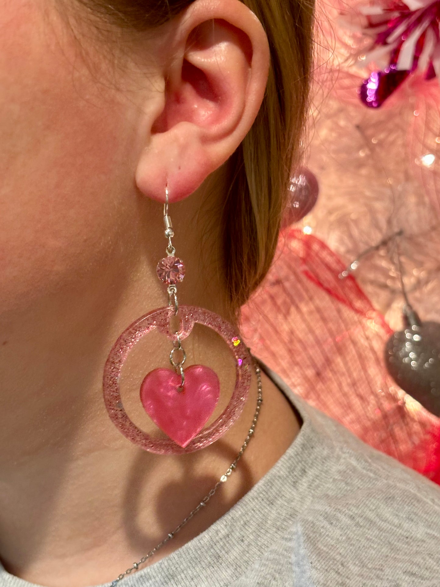 Valentine's Day pink glitter heart dangle  Earrings, Valentine Statement Earrings, Handmade earrings, Valentine's Day Gifts for Her