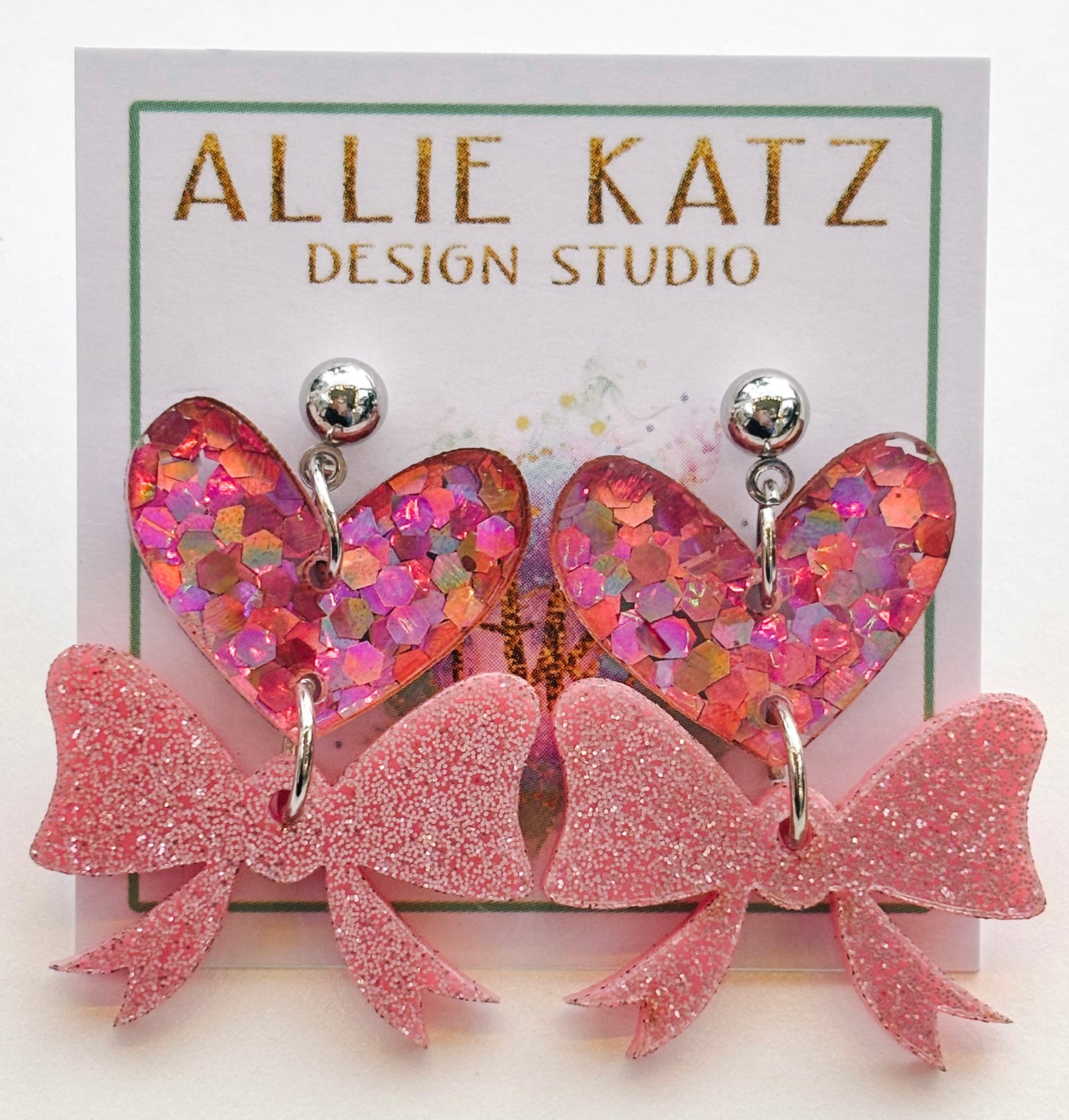 Heart and bow light pink confetti glitter earrings/ handmade Valentines earrings/ confetti glitter heart earrings