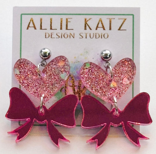 Heart and mirrored bow light pink confetti glitter earrings/ handmade Valentines earrings/ confetti glitter heart earrings