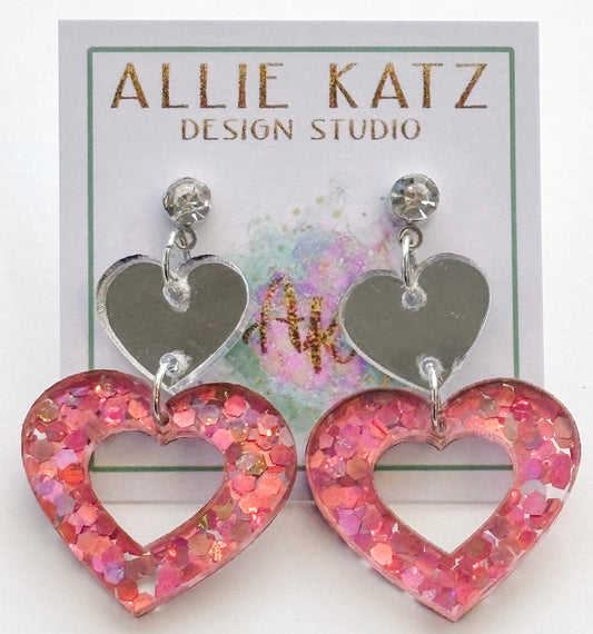 Double heart mirror and light pink confetti glitter earrings/ handmade Valentines earrings/ confetti glitter heart earrings