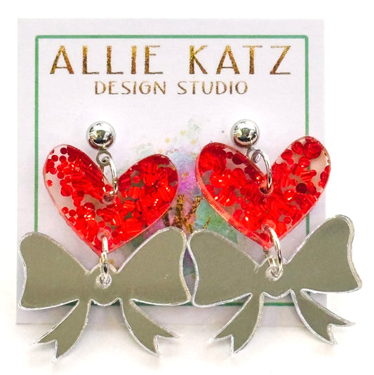 red confetti glitter heart and mirror bow earrings/ handmade Valentines earrings/ confetti glitter heart earrings