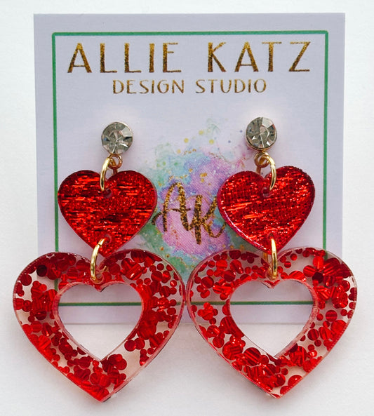 Double heart red confetti glitter earrings/ handmade Valentines earrings/ confetti glitter heart earrings