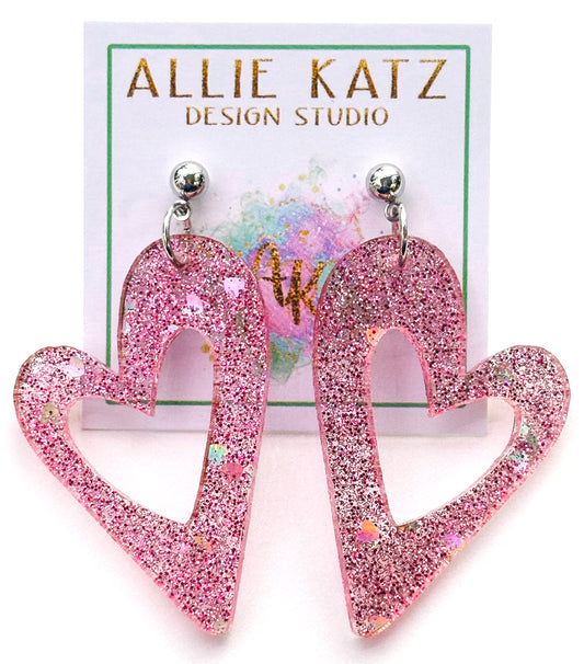 Heart shaped light pink confetti glitter earrings/ handmade Valentines earrings/ confetti glitter heart earrings