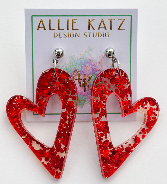 Heart shaped red confetti glitter earrings/ handmade Valentines earrings/ confetti glitter heart earrings