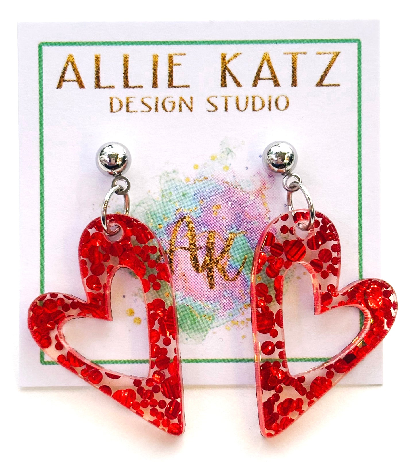 Heart shaped red confetti glitter earrings/ handmade Valentines earrings/ confetti glitter heart earrings