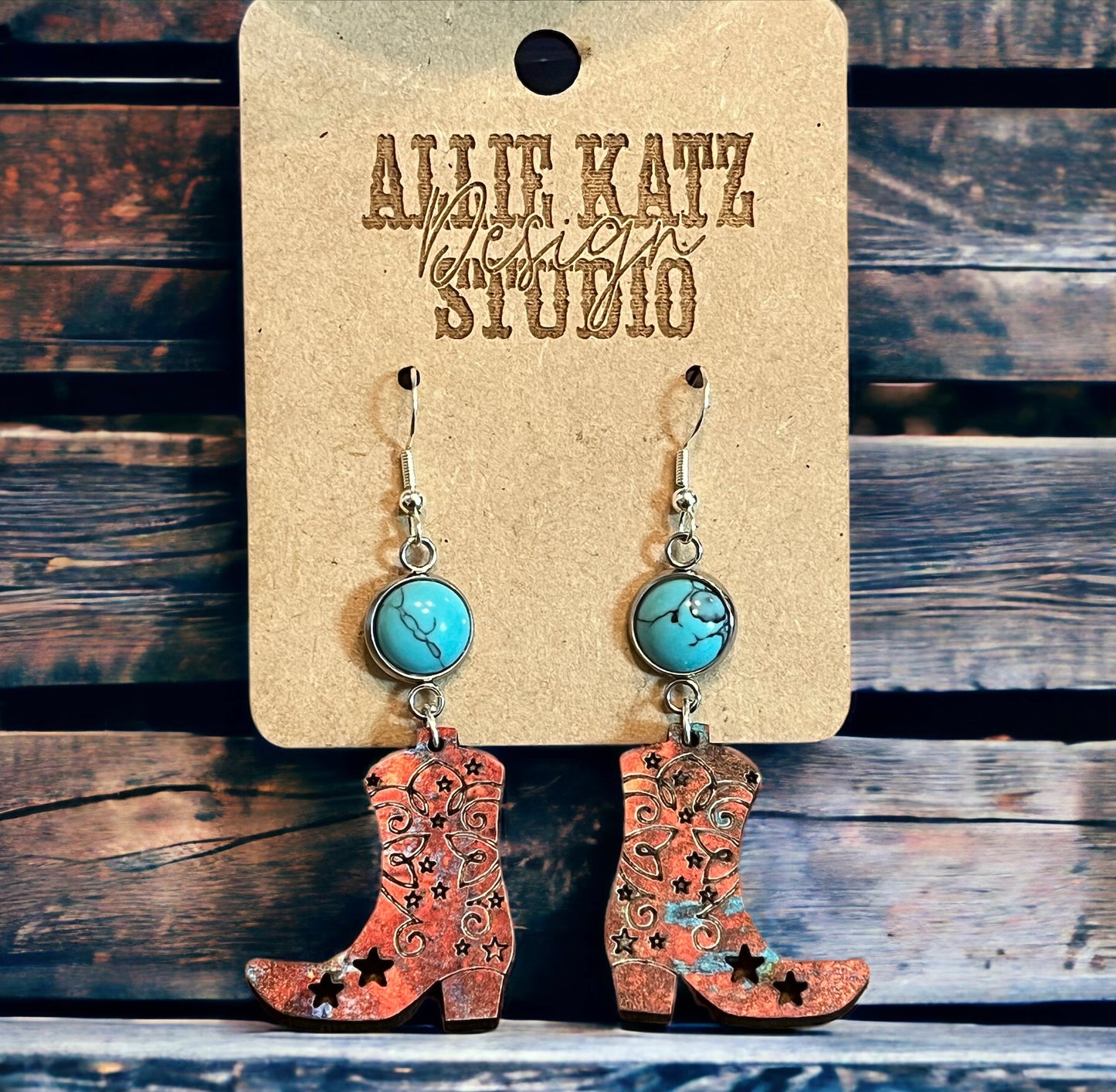 Turquoise Copper Western Boot Earrings