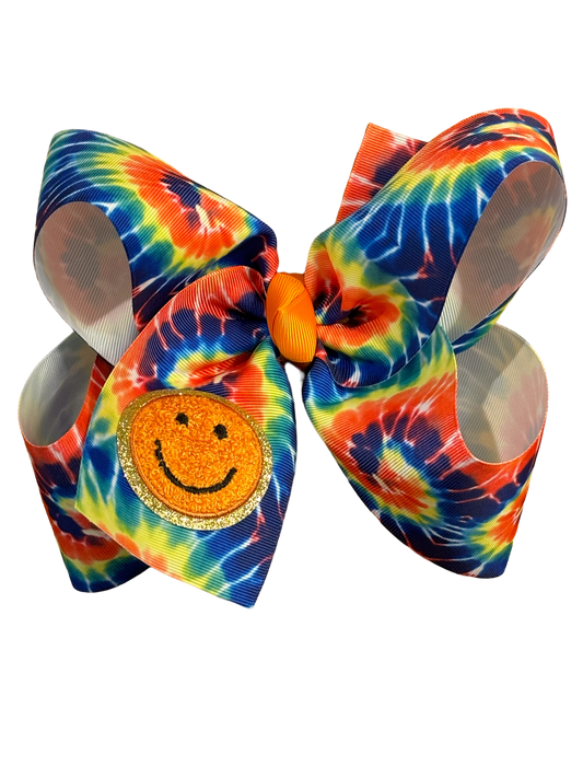 8" Tie Dye hair bow with happy face chenille patch