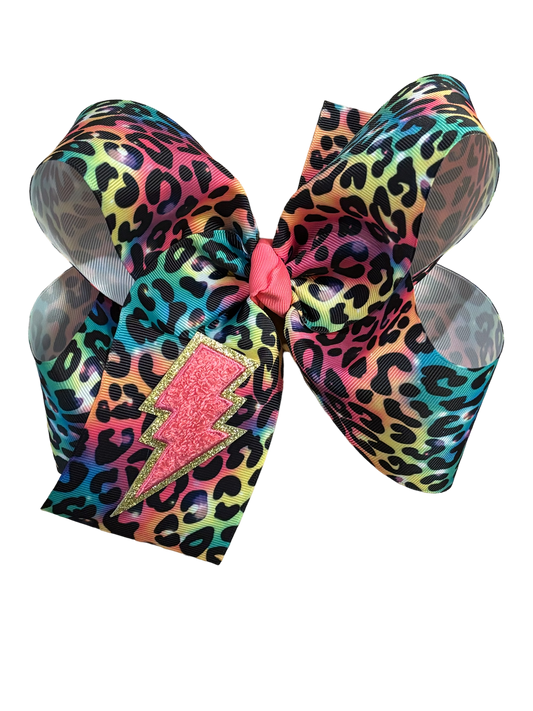 8" Rainbow leopard hair bow with lightning chenille patch