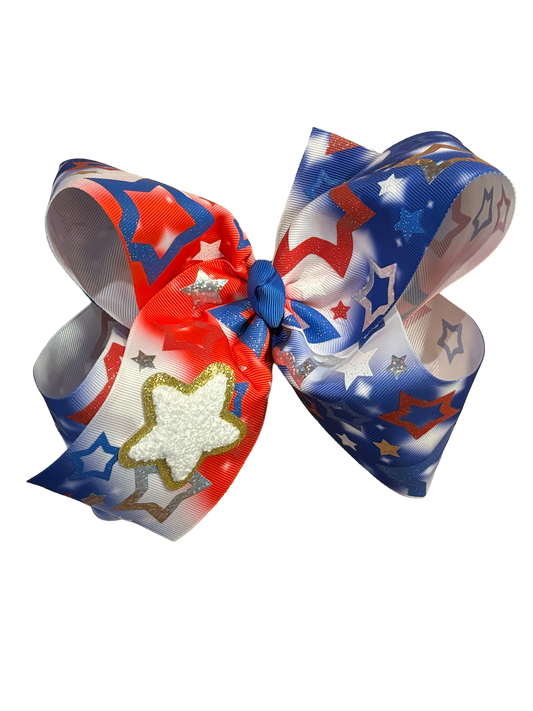 8" Patriotic Hair bow with white chenille star patch