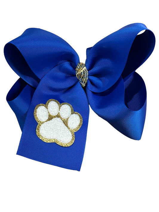 8" Royal blue hair bow with white paw chenille patch