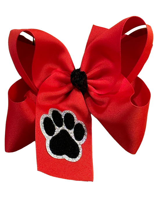 8" Red hair bow with black chenille paw print patch