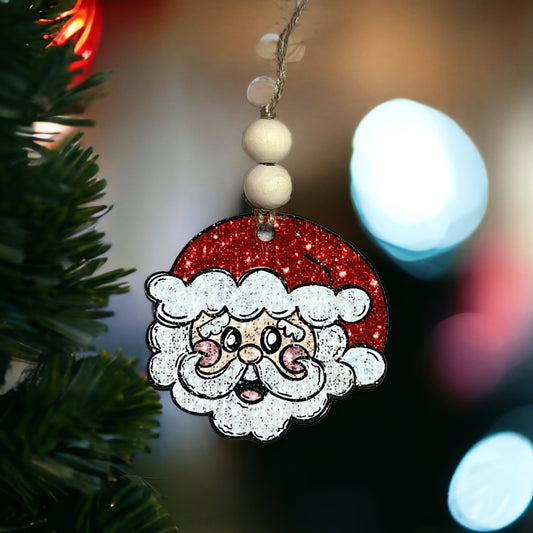 Rounded Santa Faux Sparkle Wood Christmas Ornament