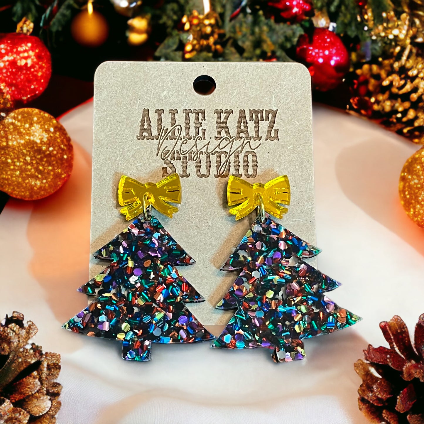 Kaleidoscope Christmas Tree with bow topper Earrings