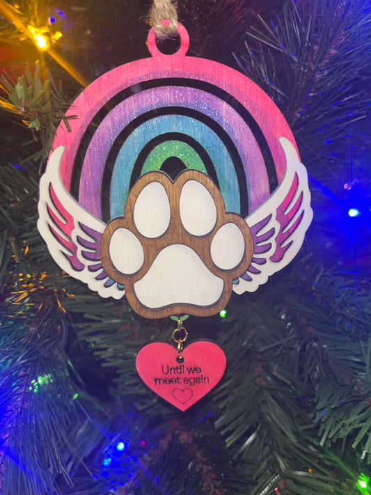 Until We Meet Again Paw with Angel wings And Rainbow Ornament