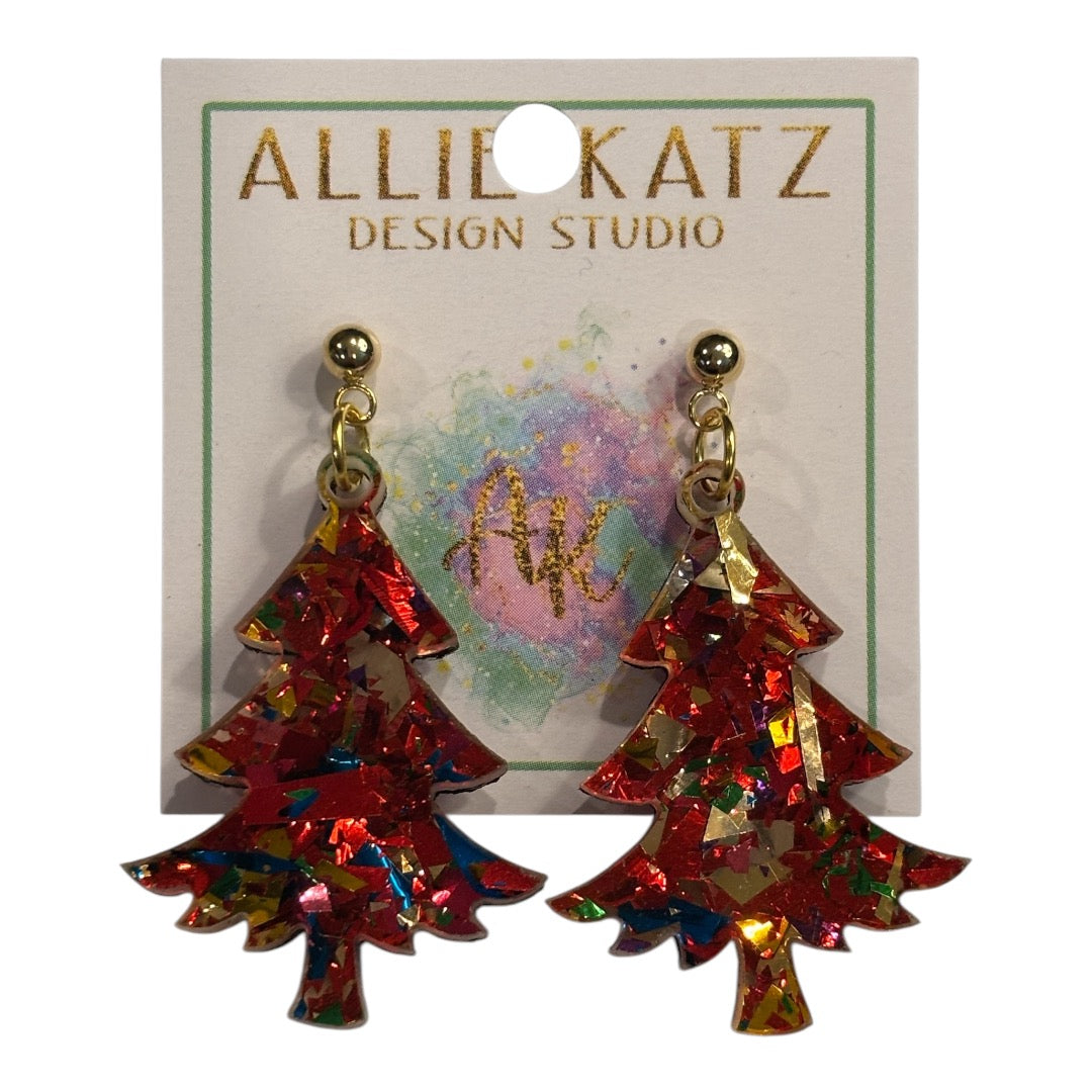 Red Chunky Glitter Tree Earrings