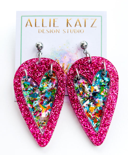 Double connected heart confetti glitter earrings/ handmade Valentines earrings/ confetti glitter heart earrings