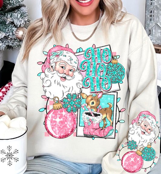 Ho Ho Ho Aqua Pink Santa Christmas Shirt with Sleeve Design