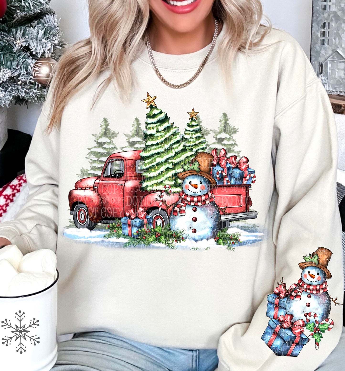 Snowman with Truck Christmas Shirt with Sleeve Design