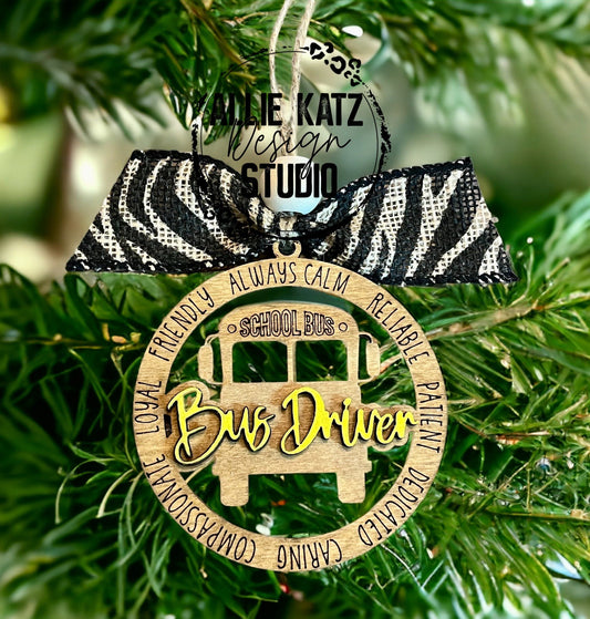 School Bus Driver Circle Wood Christmas ornament/ Hand-Painted Wooden Christmas Ornaments/school bus driver gift idea/ reliable/friendly