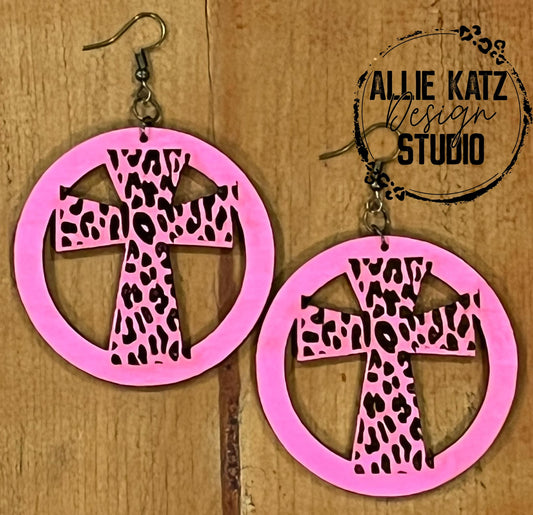 Leopard Cross Wooden earrings