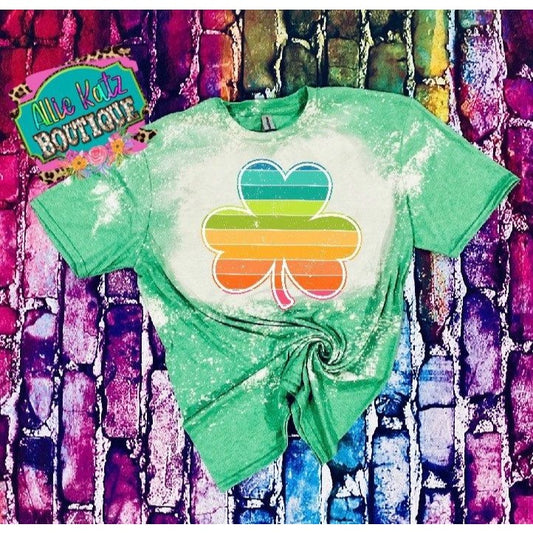 Rainbow Shamrock clover bleached T-shirt/saint pattys tee/ bleached shirt