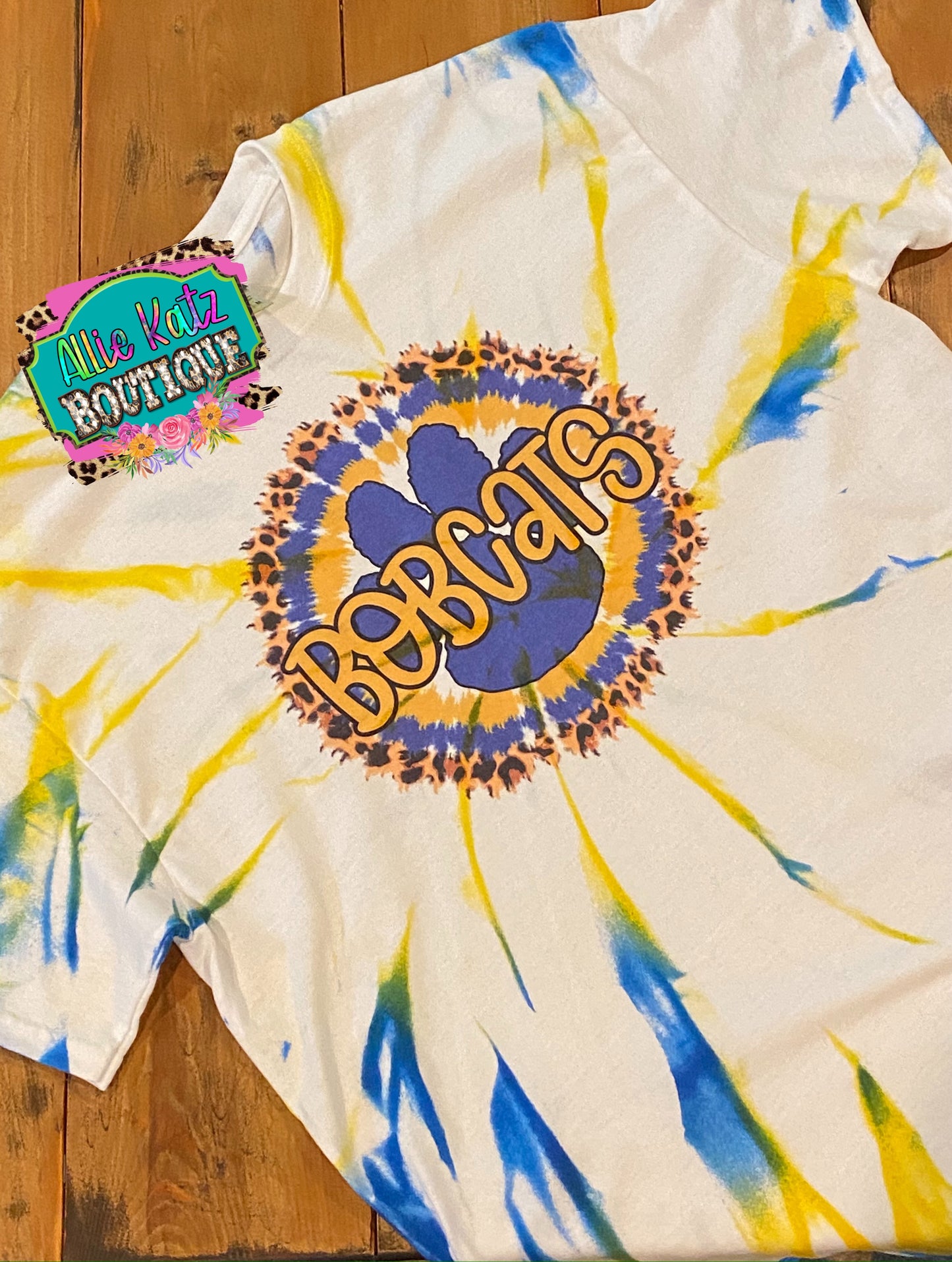 Yellow and Blue Bobcats custom tie dye tee