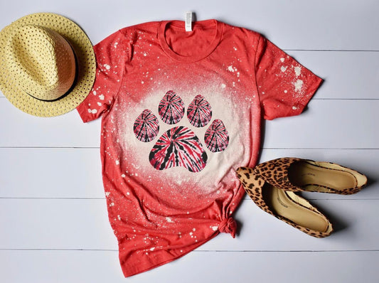 Red White Black Tie Dye Bleached Paw tee